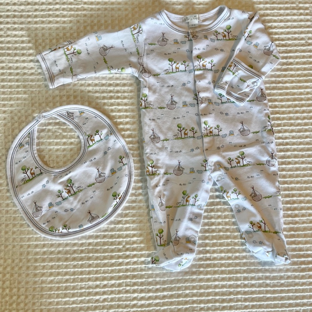 Kissy Kissy Noah’s Ark Footie Pajamas with Matching Bib - NWOT